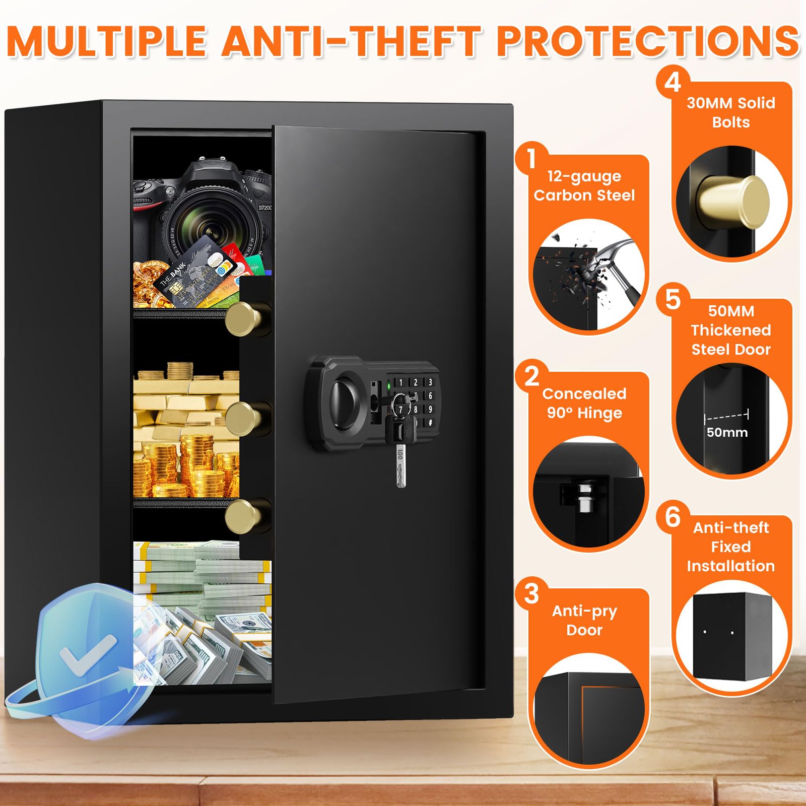 GHJGAGE large safe box with open lid reveals organized interior storage.