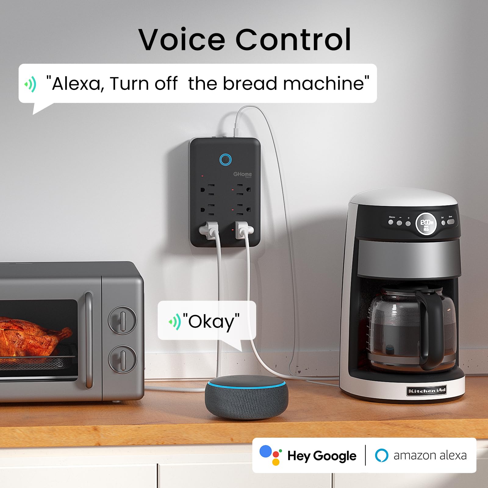 GHome Smart shows 3 smart plugs with individual control for dedicated devices.