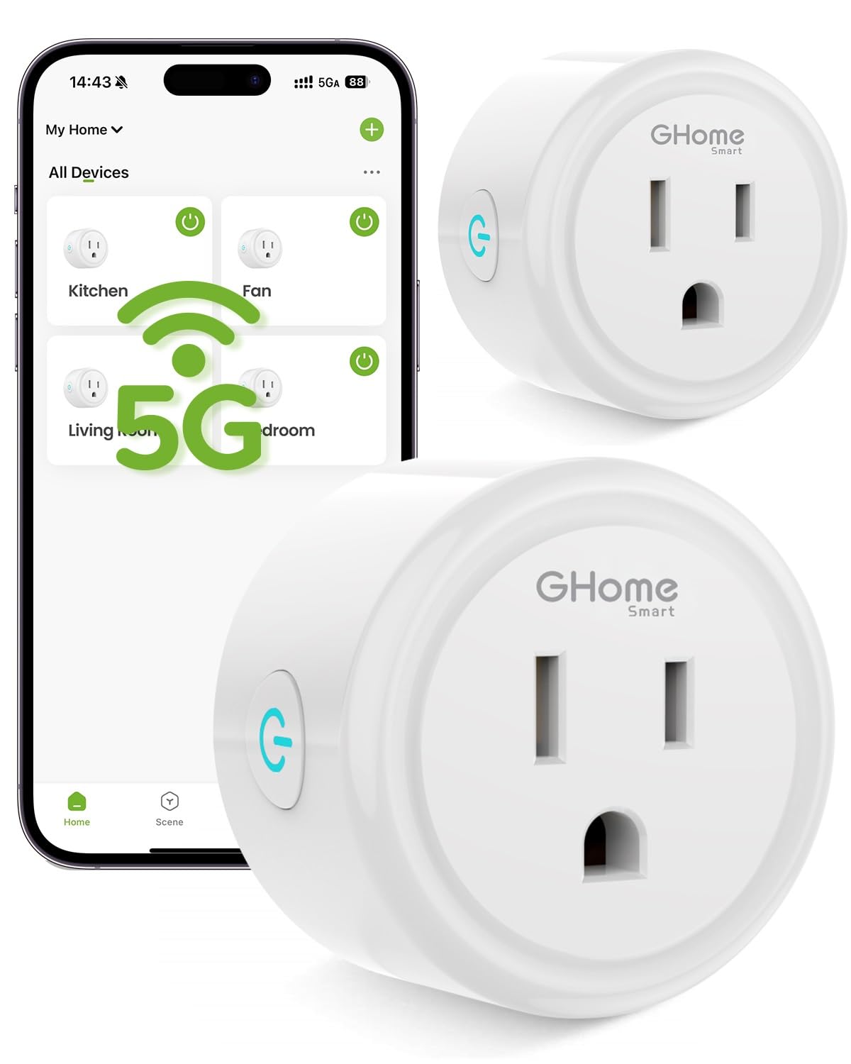 GHome Smart 5G 15A plug front view, compact design for space-saving automation