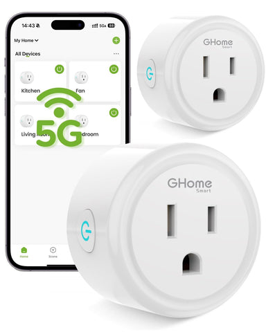 GHome Smart 5G 15A plug front view, compact design for space-saving automation