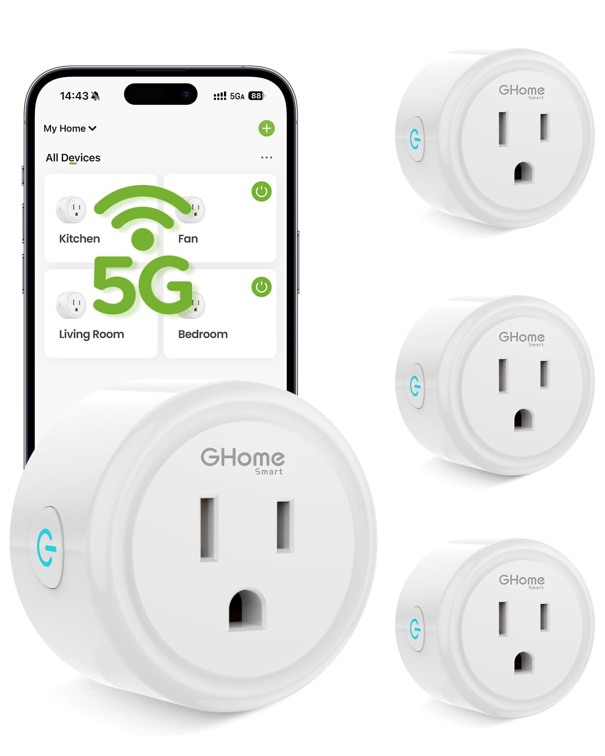 GHome Smart 5G 15A plug in a standard outlet enabling reliable remote control.