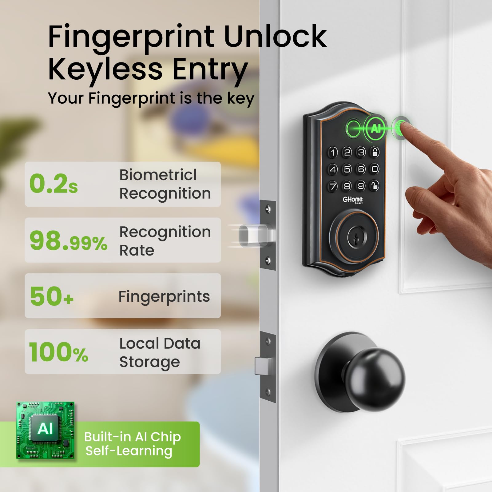 GHome Smart deadbolt lock fingerprint sensor closeup demonstrates fast, secure access.