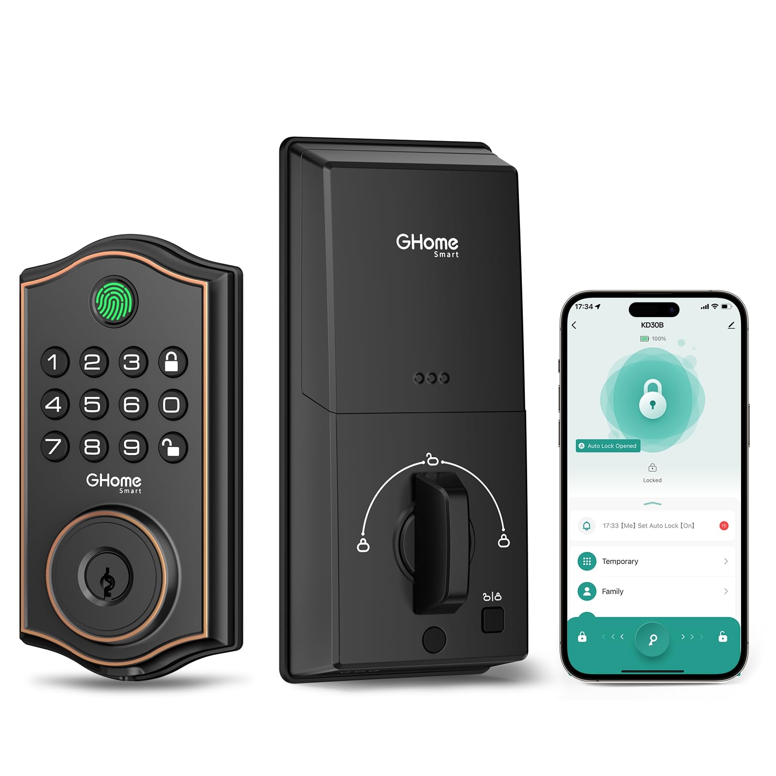 GHome Smart deadbolt lock front view highlights sleek black finish for secure entry.