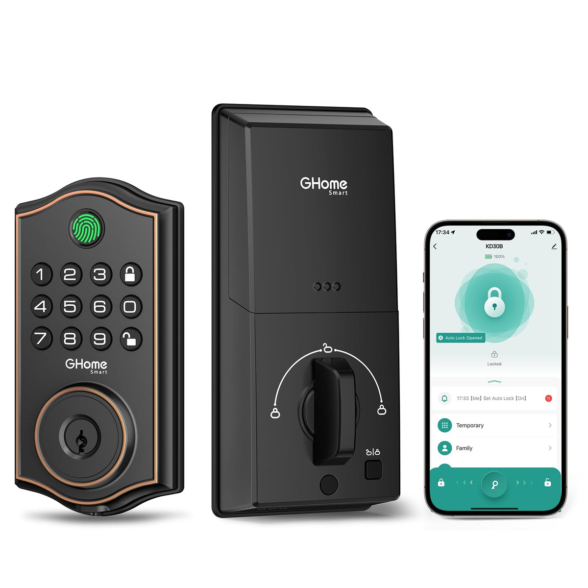 GHome Smart deadbolt lock front view highlights sleek black finish for secure entry.