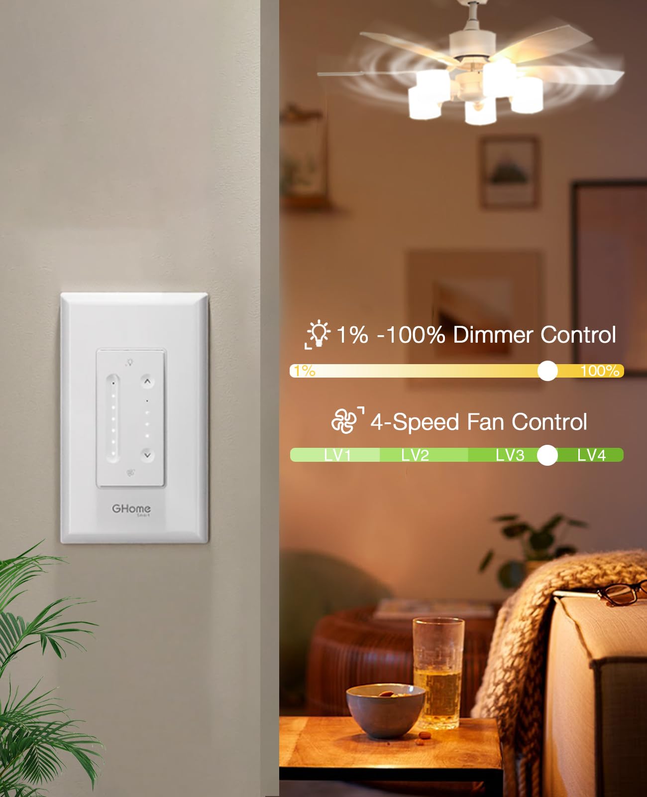 GHome Smart Dimmer Switch dimming interface with stepless brightness control.