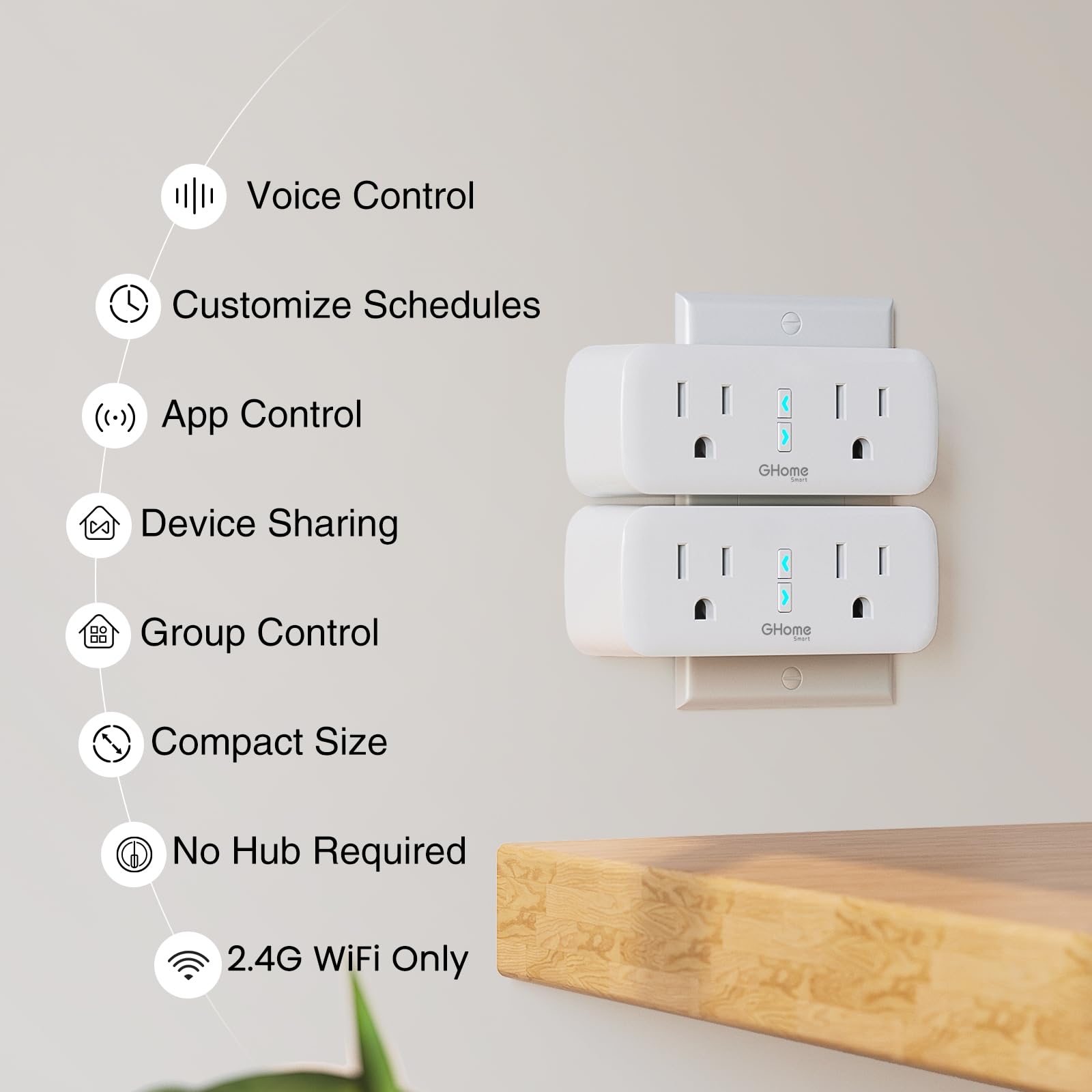 GHome Smart Dual Plug compact design saves outlet space while powering multiple devices.