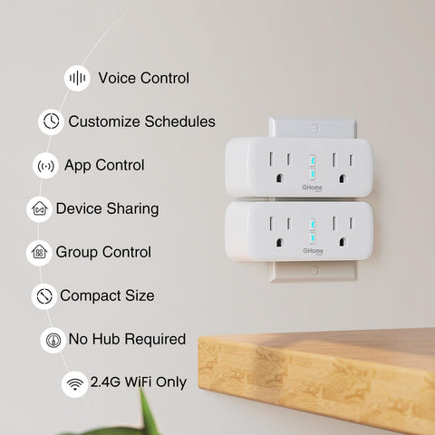 GHome Smart Dual Plug compact design saves outlet space while powering multiple devices.