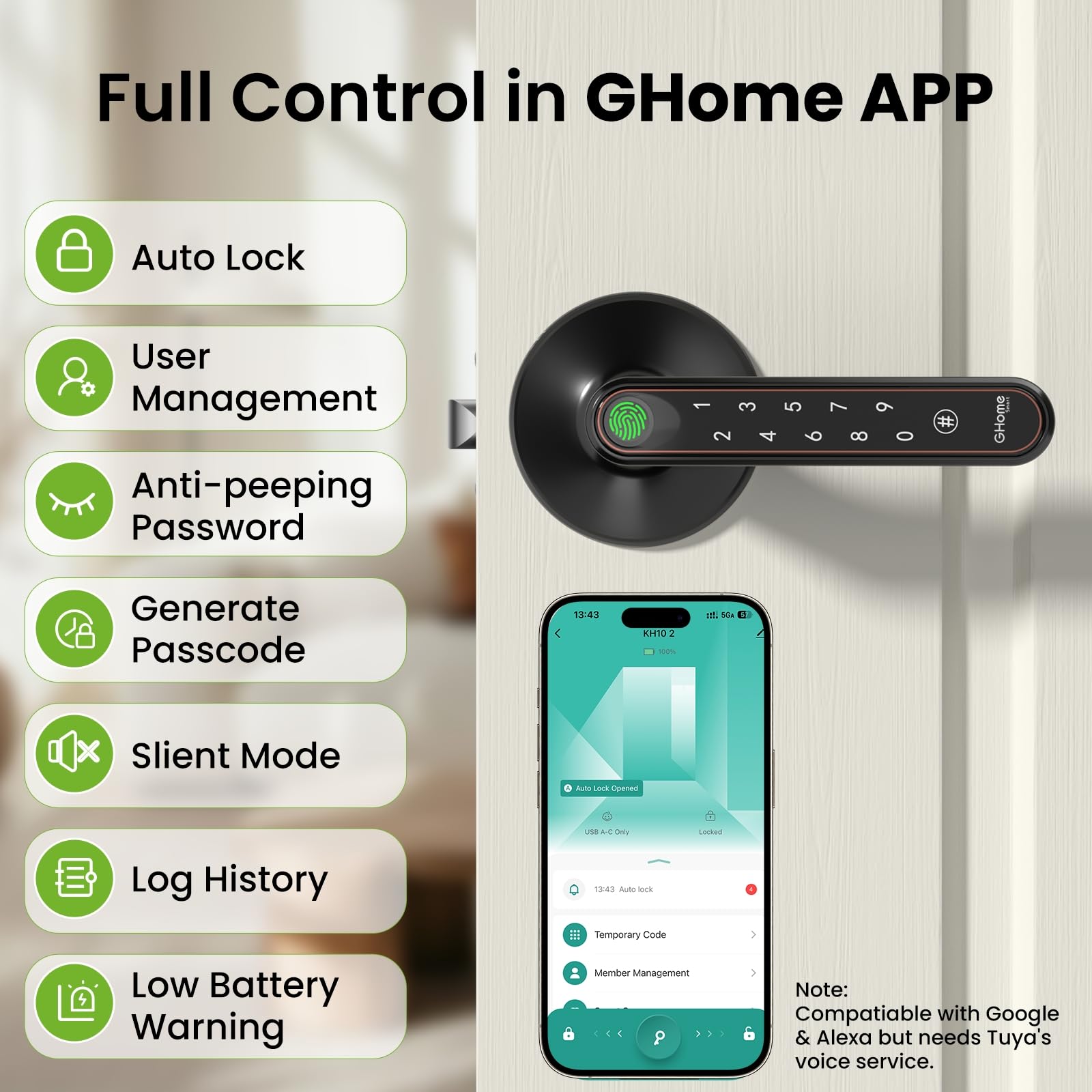 GHome Smart app control image demonstrates remote management and logs access.