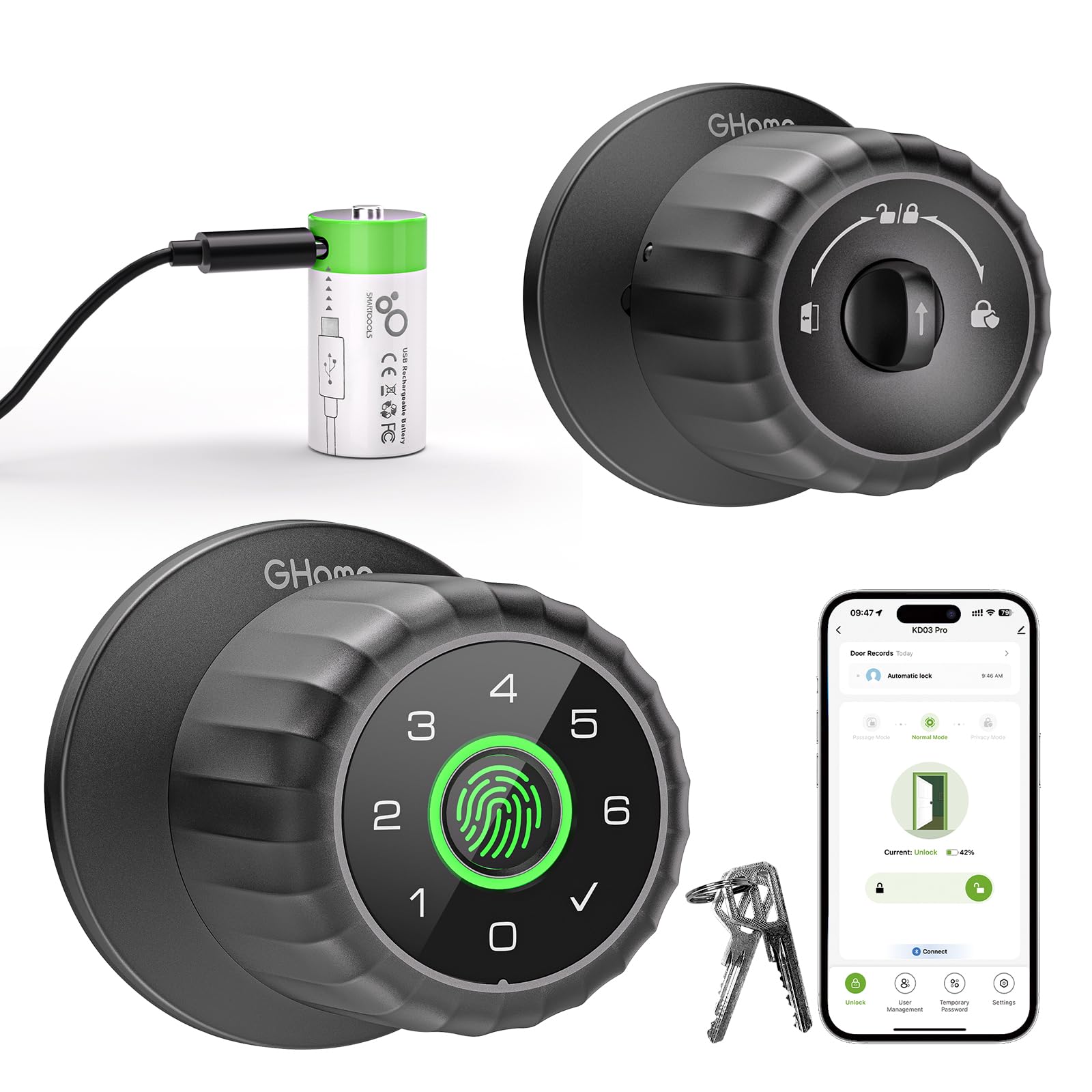 GHome Smart fingerprint door lock front view shows quick biometric entry for home access