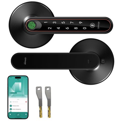 GHome Smart fingerprint door lock front view shows secure entry and durable aluminum body.