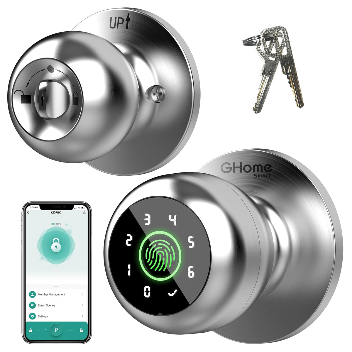 GHome Smart fingerprint door lock front view, secure home entry.