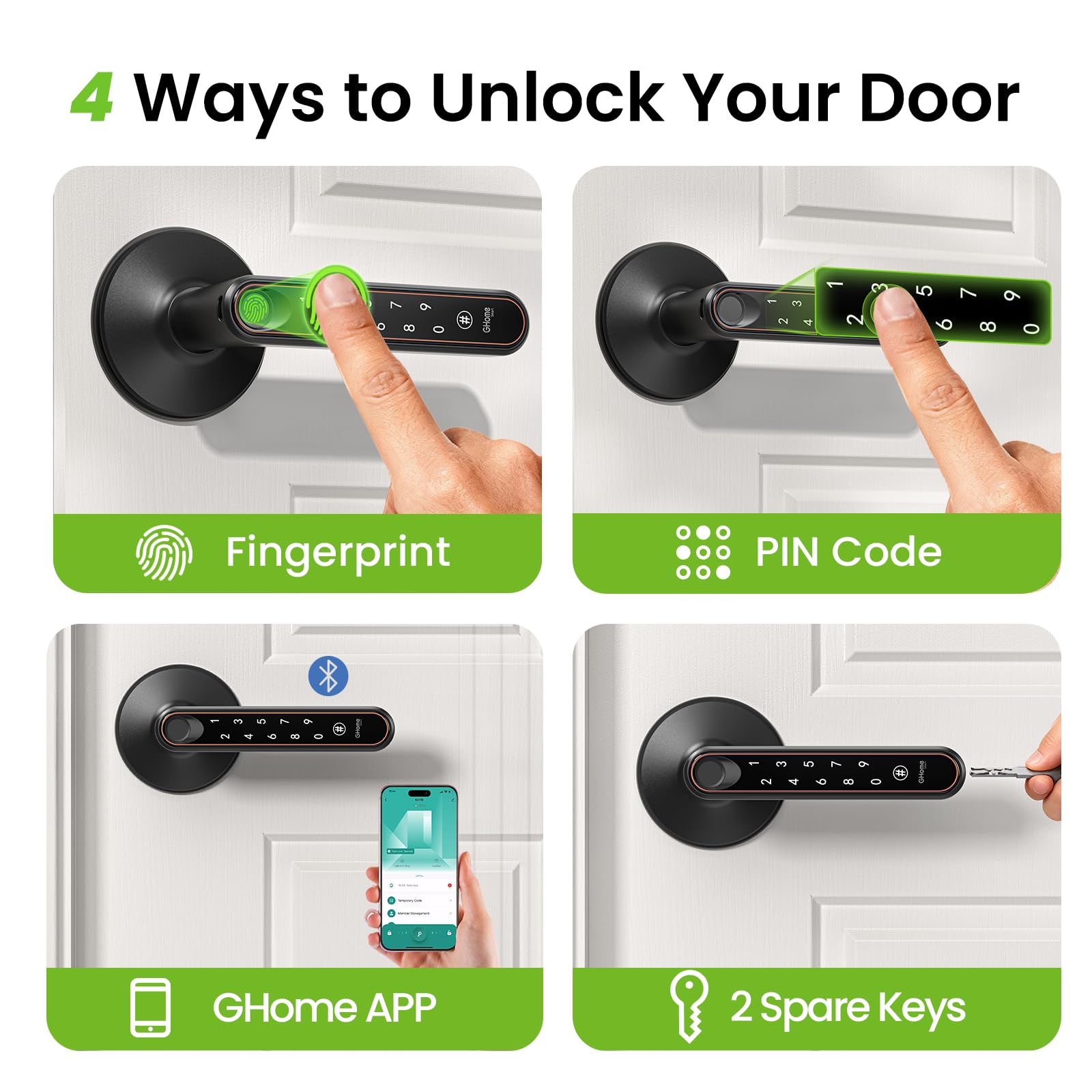 GHome Smart fingerprint door lock keypad closeup highlights convenient entry options.