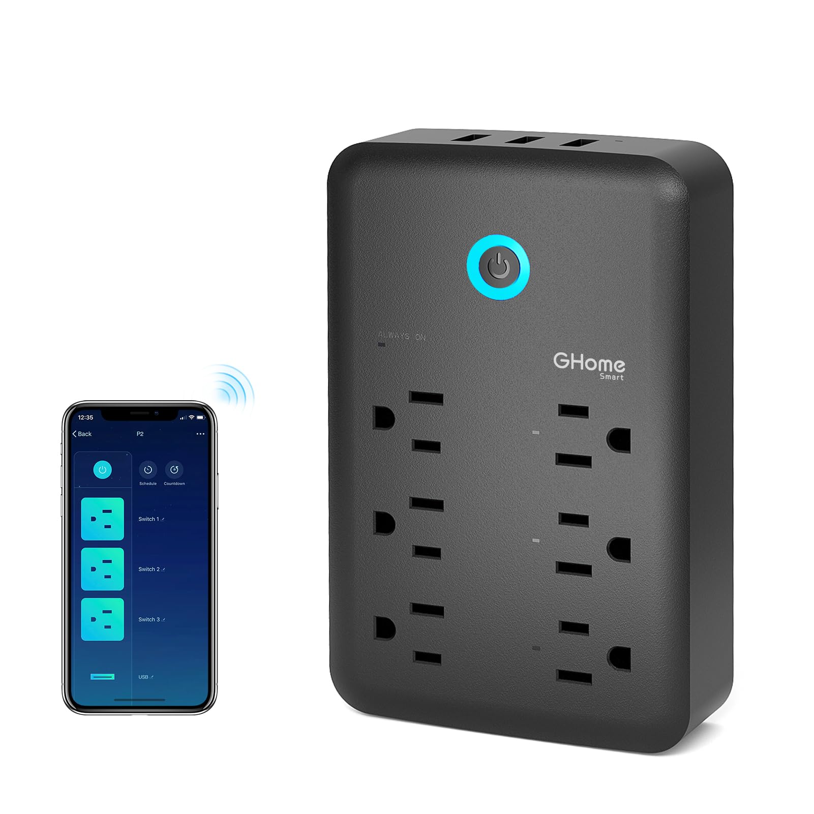 GHome Smart 9-in-1 outlet extender layout enables flexible power distribution.