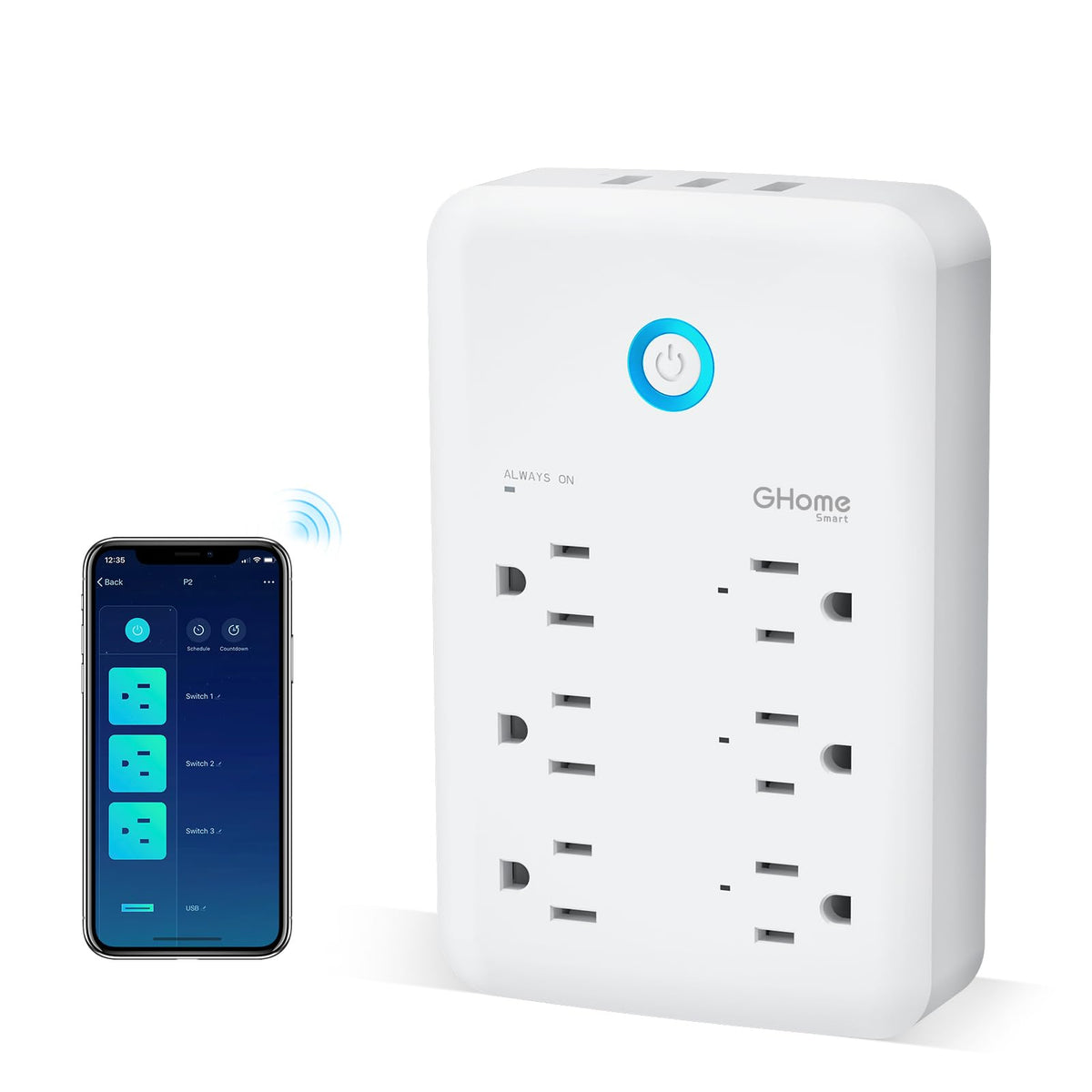 GHome Smart Plug Outlet Extender front view showing three smart outlets ready for individual control.