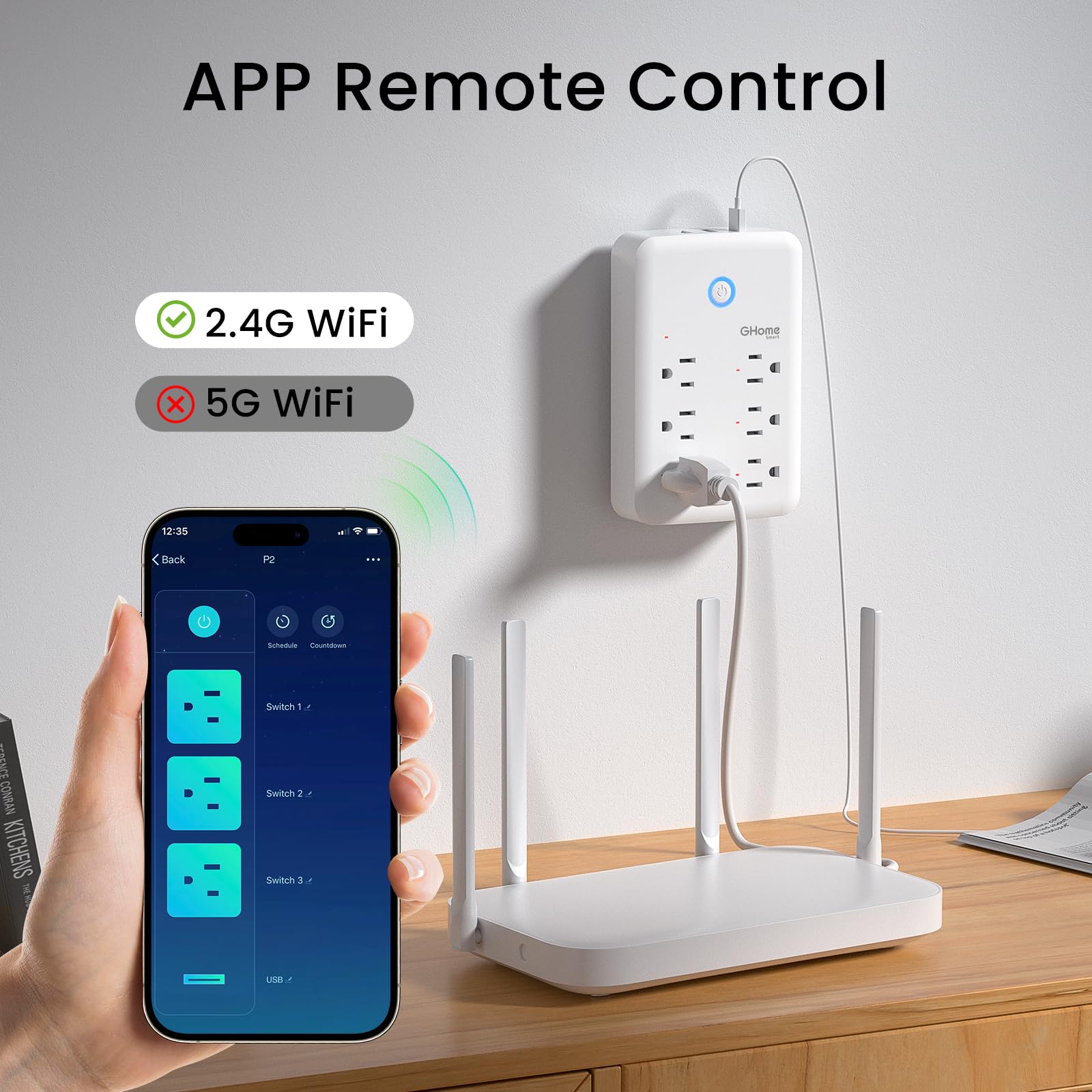 GHome Smart Plug Outlet Extender in use with a table lamp to illustrate timer and scheduling features.