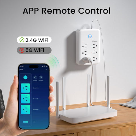 GHome Smart Plug Outlet Extender in use with a table lamp to illustrate timer and scheduling features.