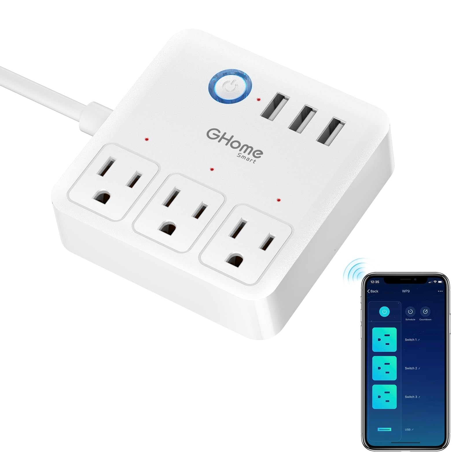 GHome Smart Plug Power Strip front view with 3 outlets and 3 USB ports for convenient charging.