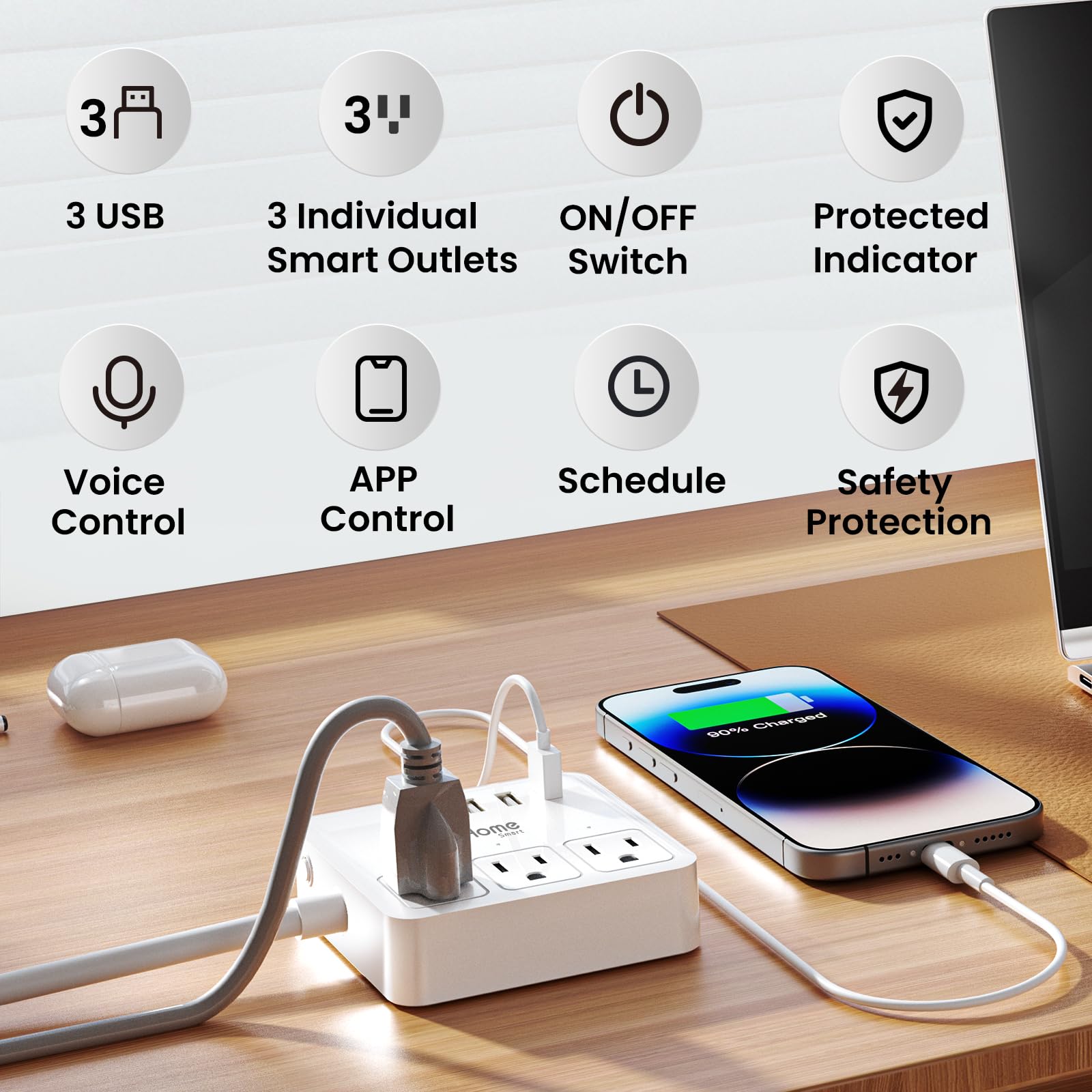 GHome Smart Plug Power Strip remote app control enables on/off scheduling.