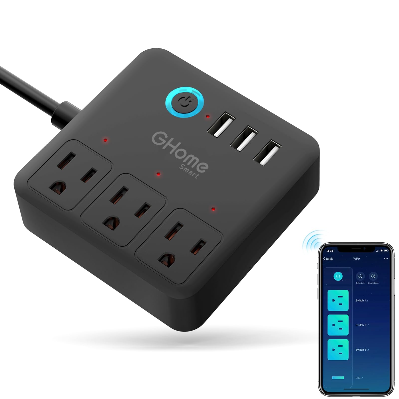GHome Smart Plug Power Strip setup image shows organized cords and centralized device control.