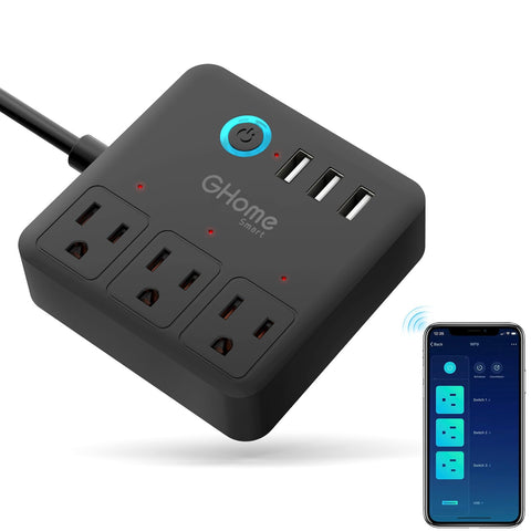 GHome Smart Plug Power Strip setup image shows organized cords and centralized device control.