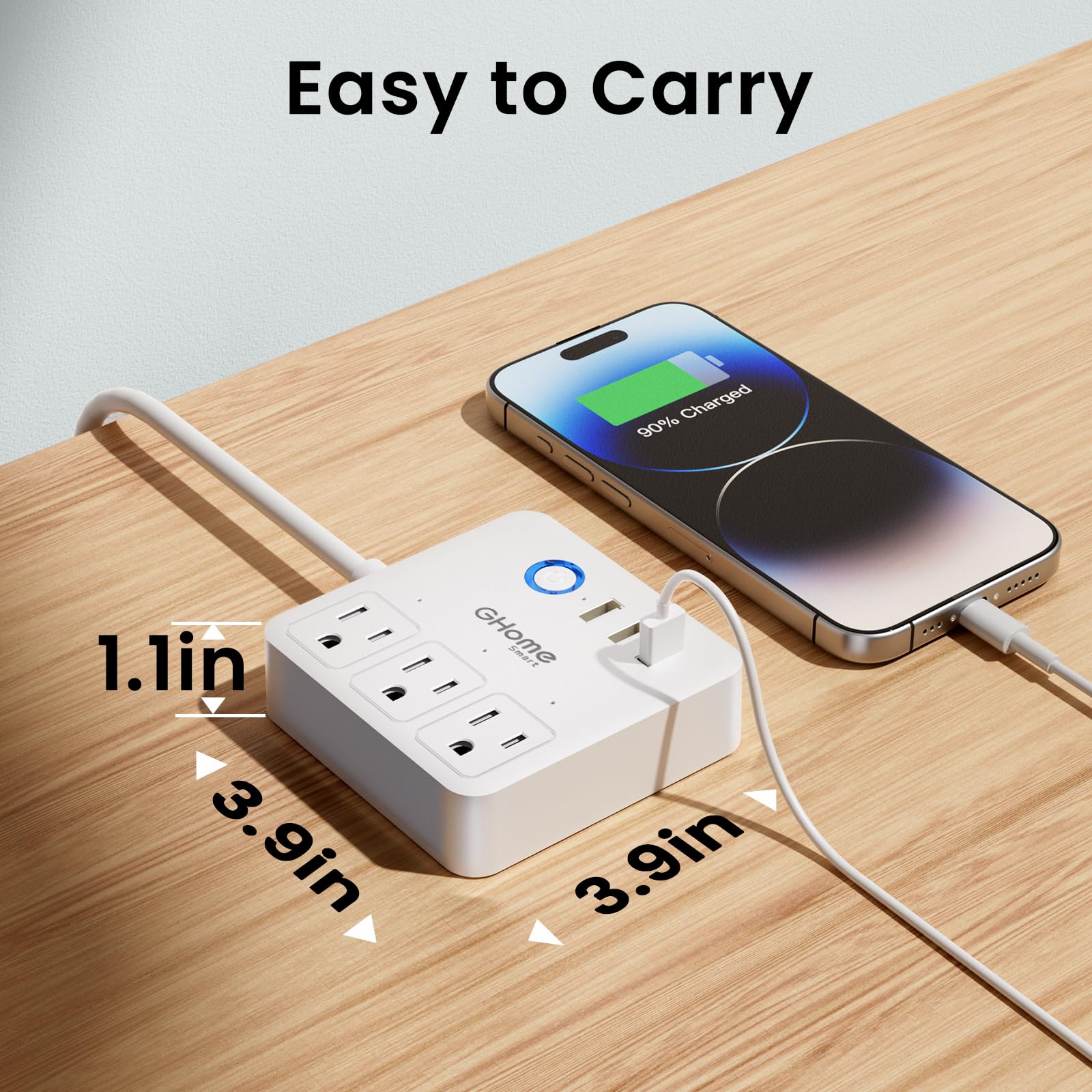 GHome Smart Power Strip travel-ready design fits luggage and hotel desks.