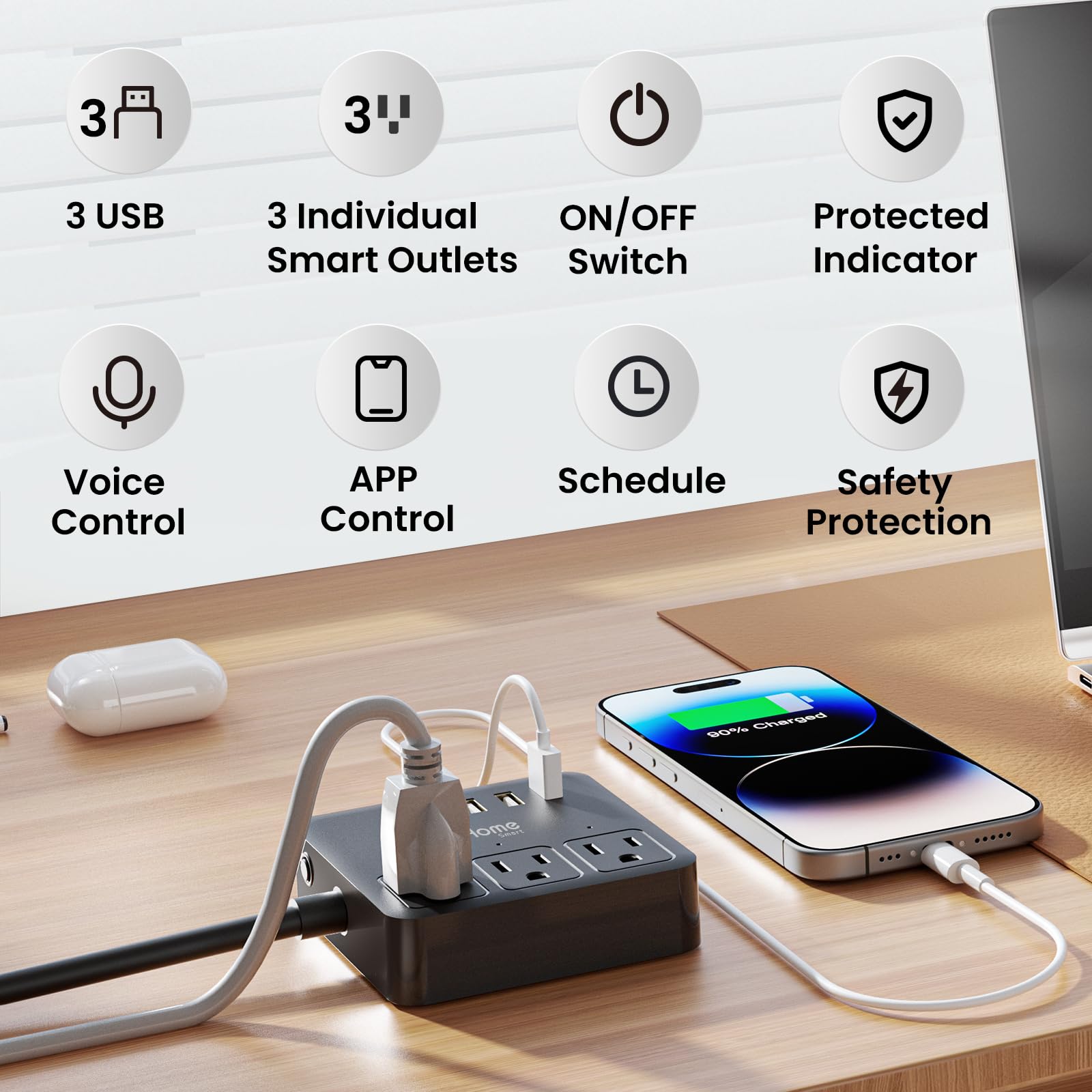 GHome Smart Plug Power Strip USB ports enable simultaneous charging of multiple devices.