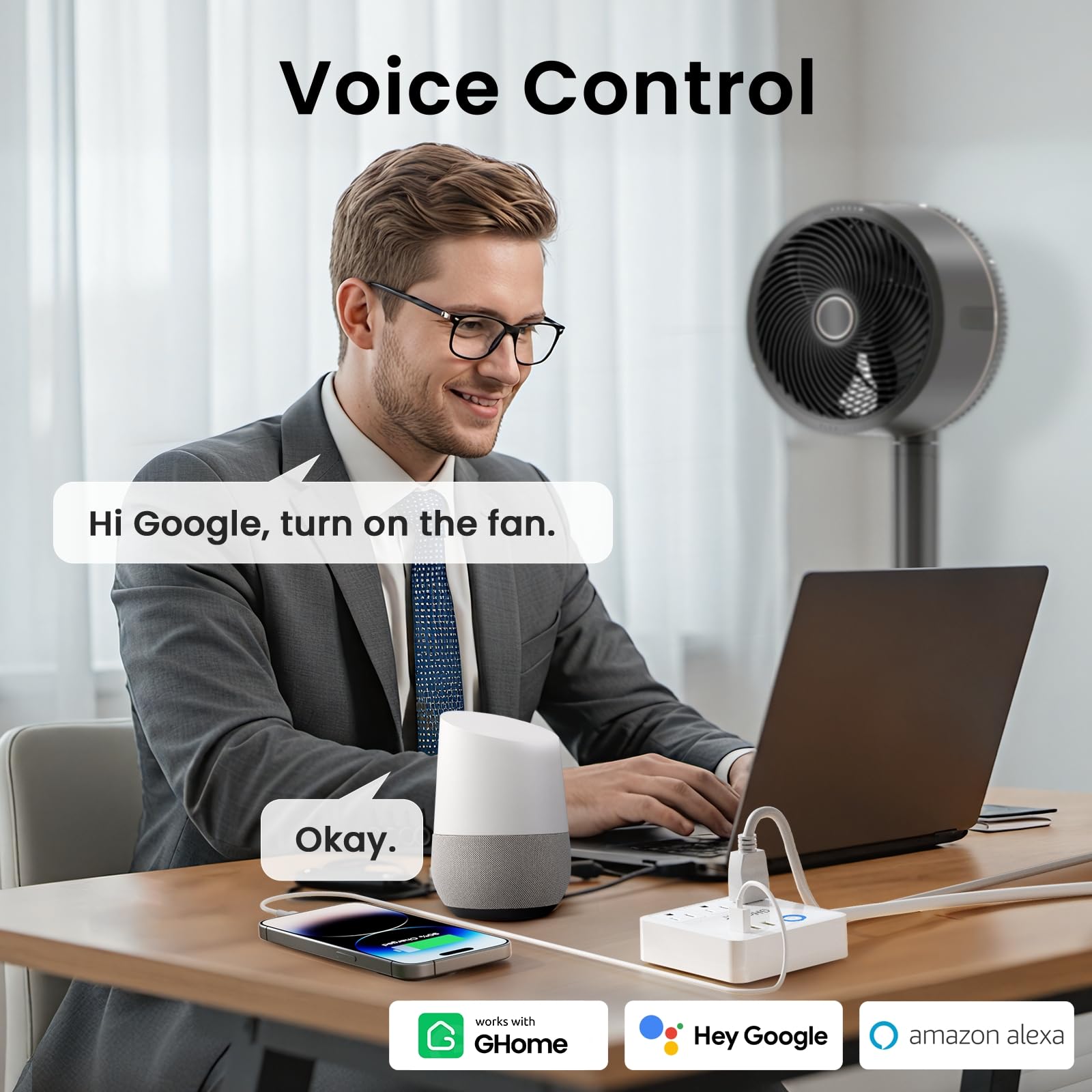 GHome Smart Plug Power Strip USB ports providing high-speed charging for devices.