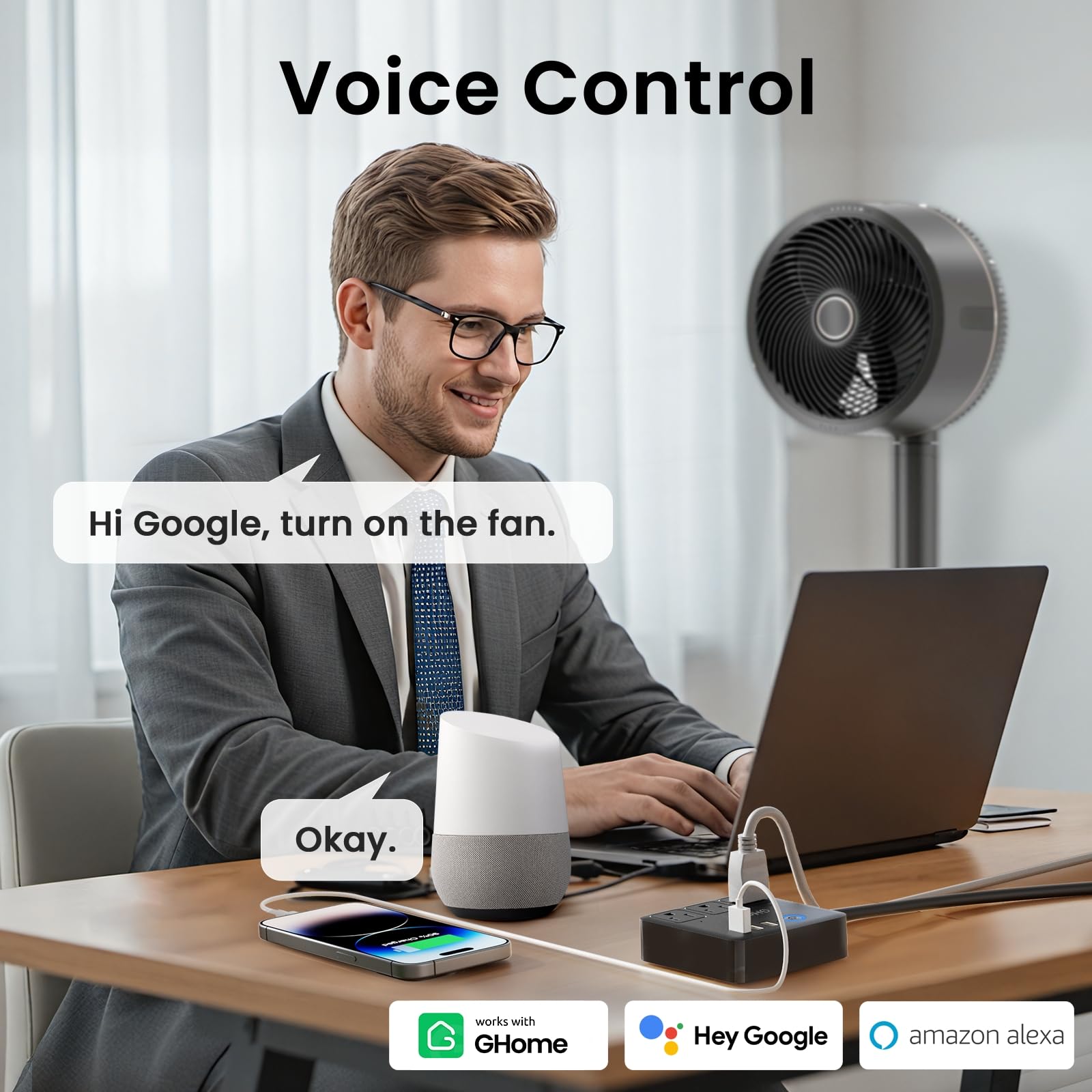 GHome Smart Plug Power Strip voice-control highlights hands-free convenience with Alexa and Google Assistant.