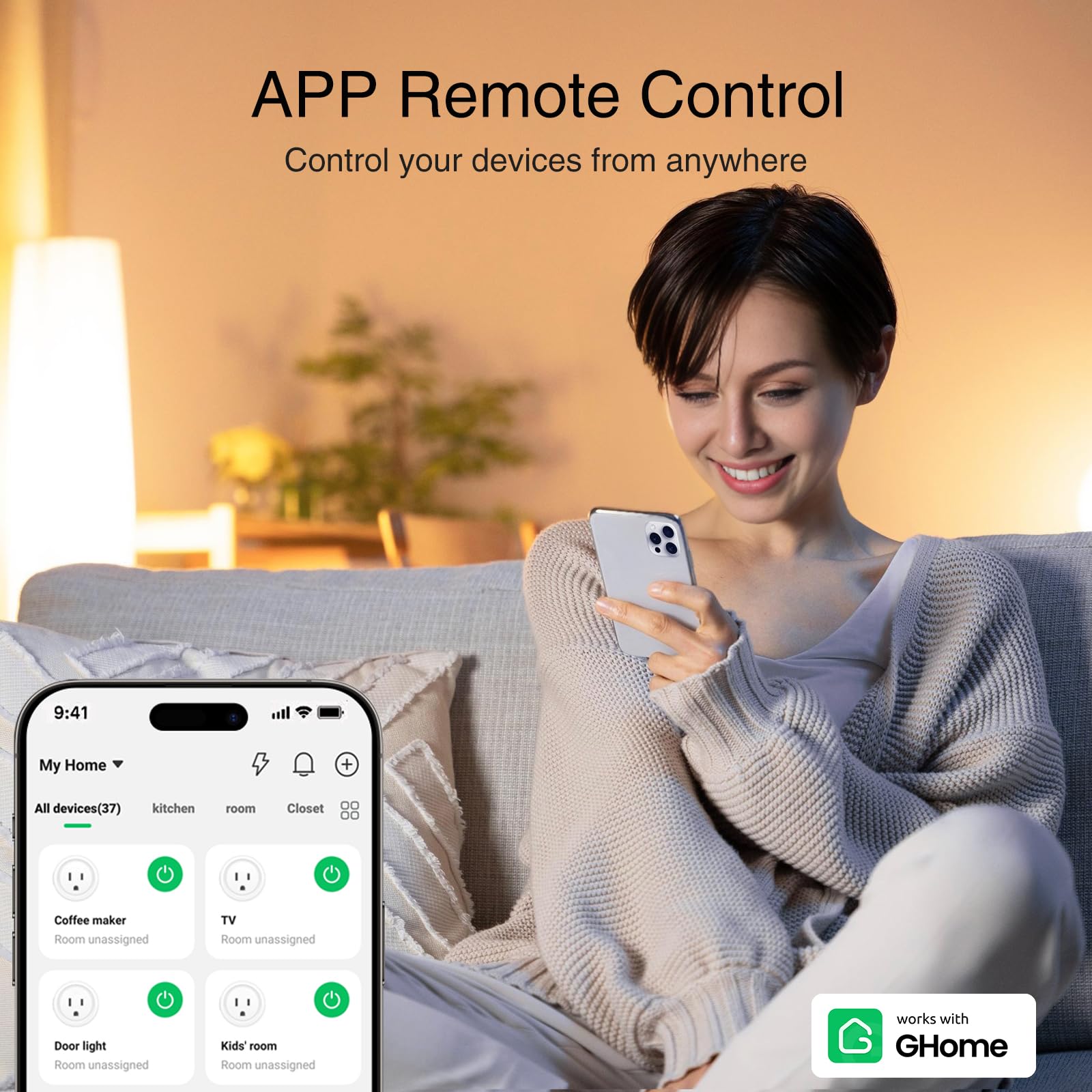 GHome Smart Plug voice-control enables hands-free operation with Alexa or Google Assistant.