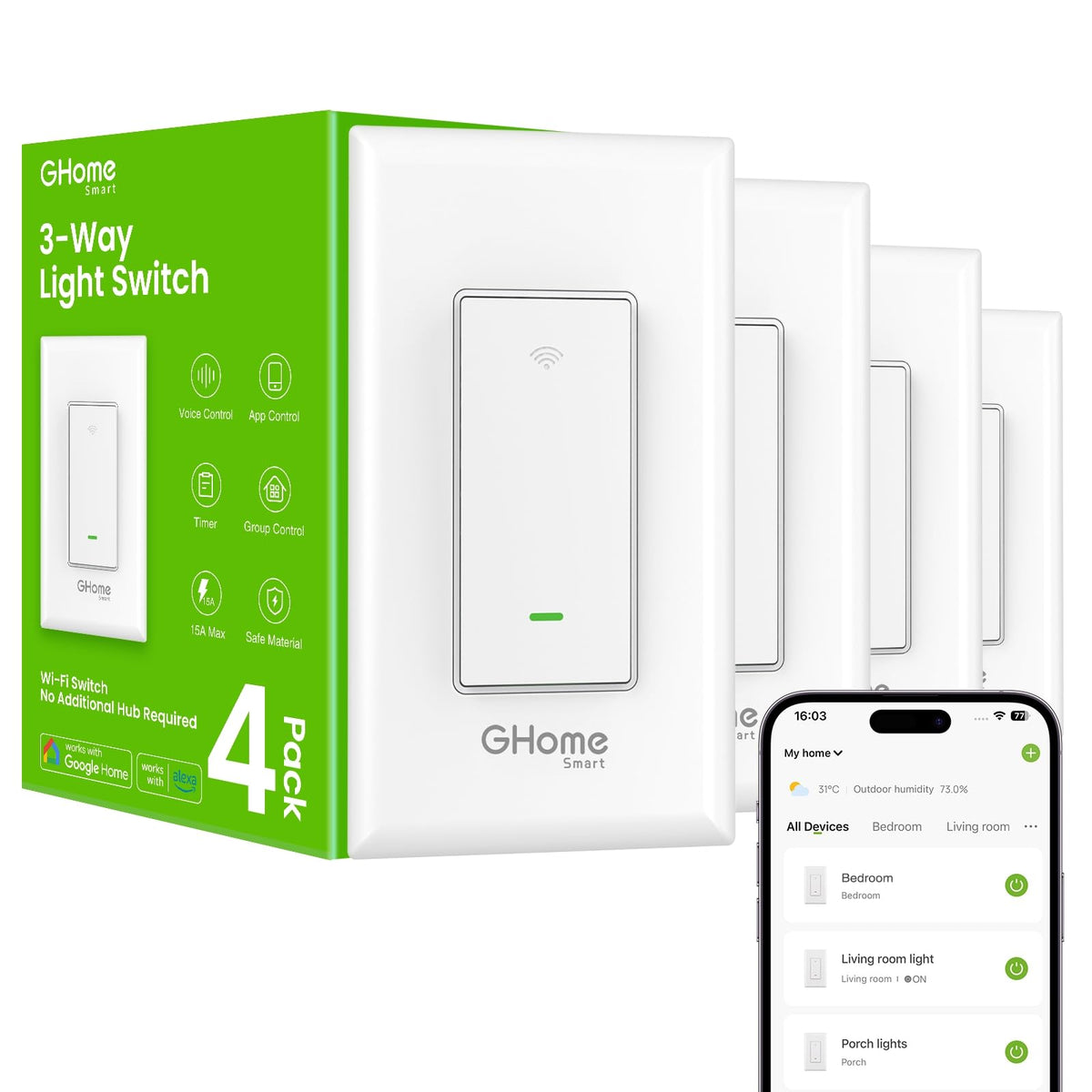 GHome Smart Switch 4-pack front view, hub-free setup for convenient lighting control.
