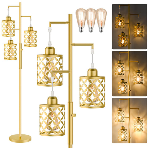 GHOOCEMLUX 68-inch dimmable floor lamp in gold for versatile living room lighting.
