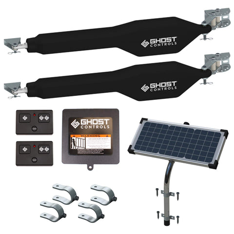 Ghost Controls TDS2XP kit front view with dual arms for reliable solar-powered gate operation.