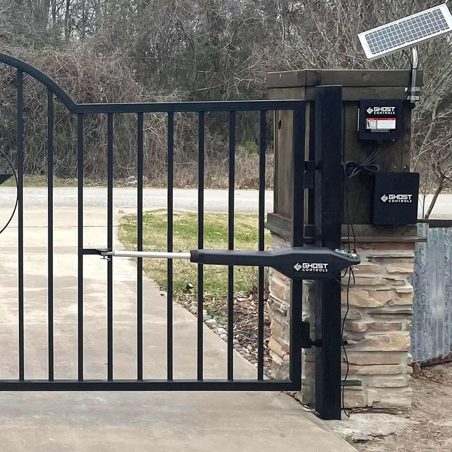 Ghost Controls TSS1XP 10W solar panel powering the opener efficiently