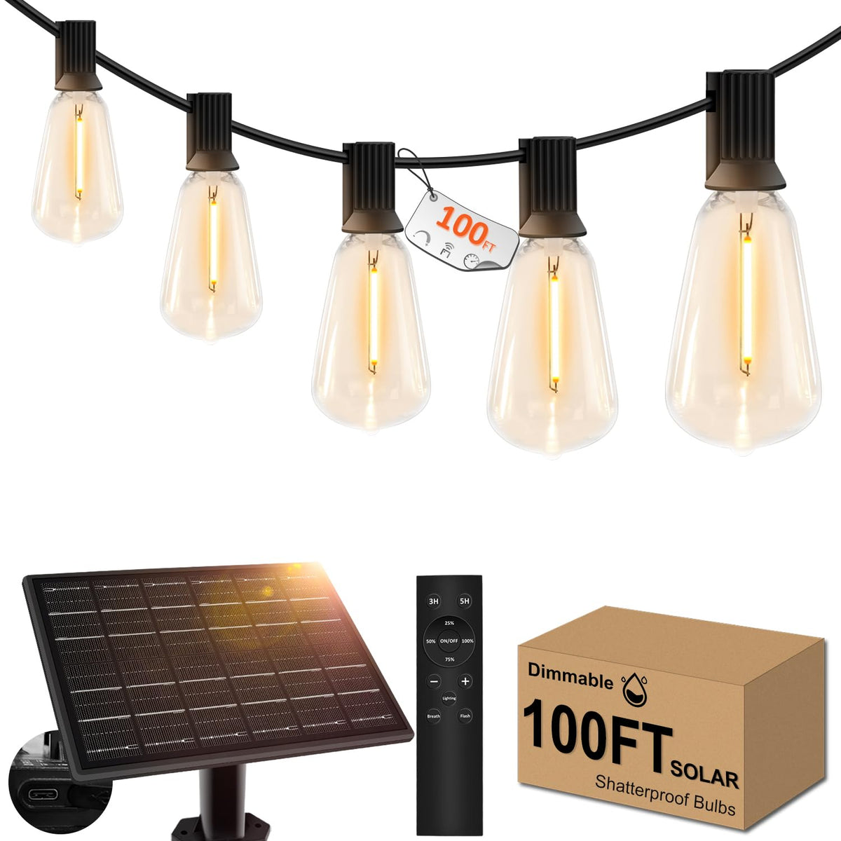 GHUSTAR 100ft solar string lights panel powering outdoor ambiance