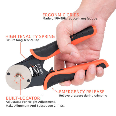 GIANNEER Deutsch crimp tool ergonomic handles reduce fatigue during use.