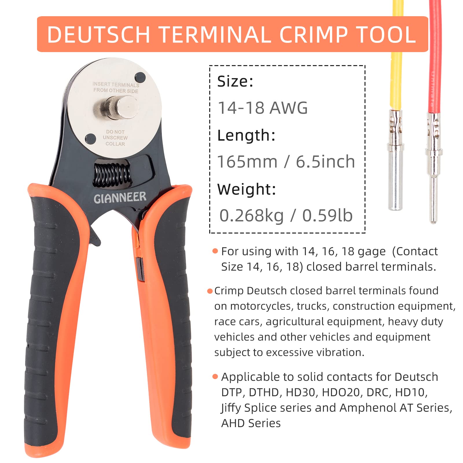 GIANNEER Deutsch crimp tool seats wire into terminal for clean crimps.