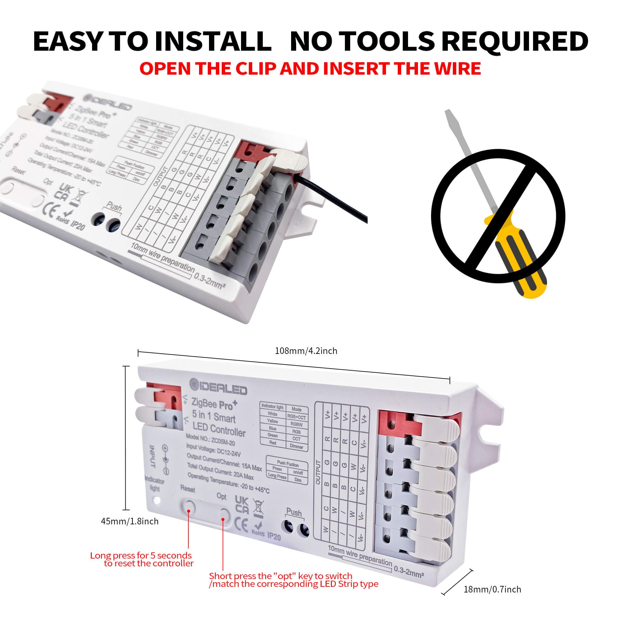 GIDEALED RGBWW, RGBW, RGB, CCT compatibility with 12V/24V strips.