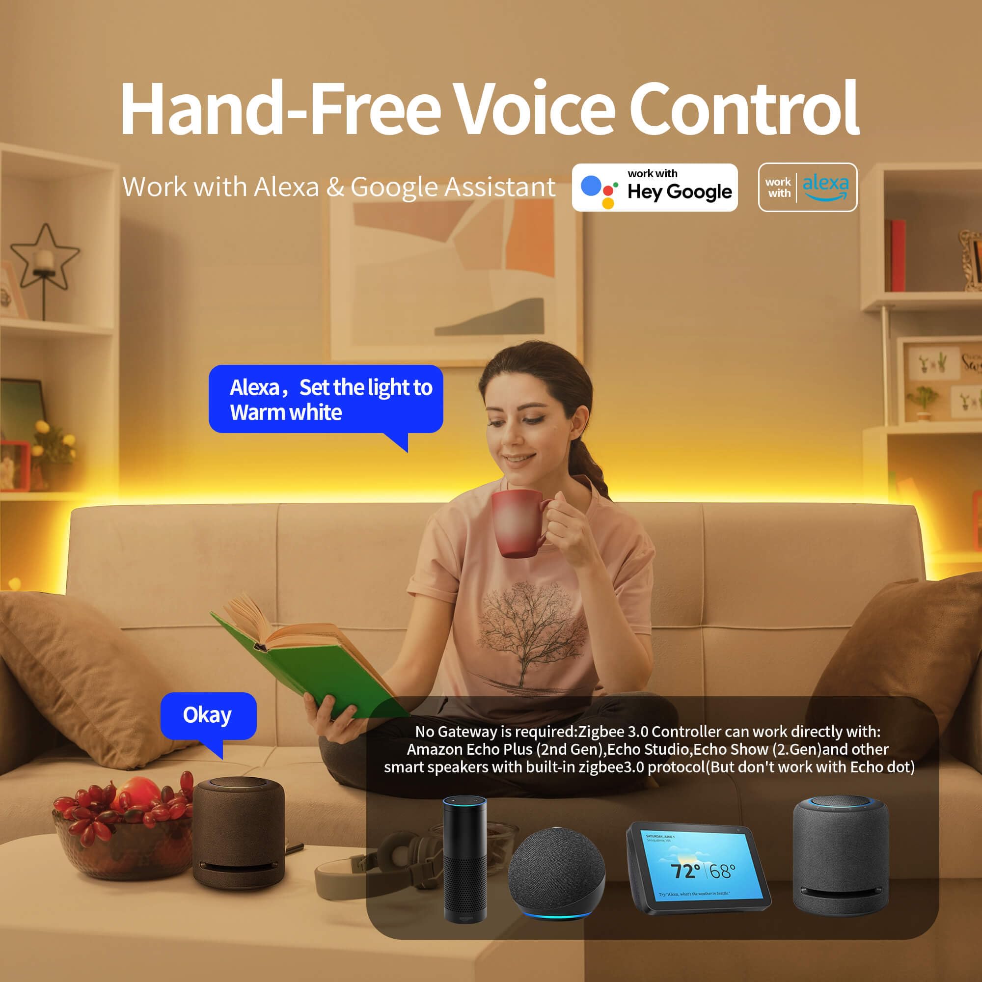 GIDEALED Alexa voice control setup with ZigBee hub.