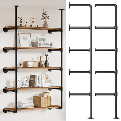 Giffgiss industrial iron pipe shelving on wall mount with 5-tier storage for books and decor