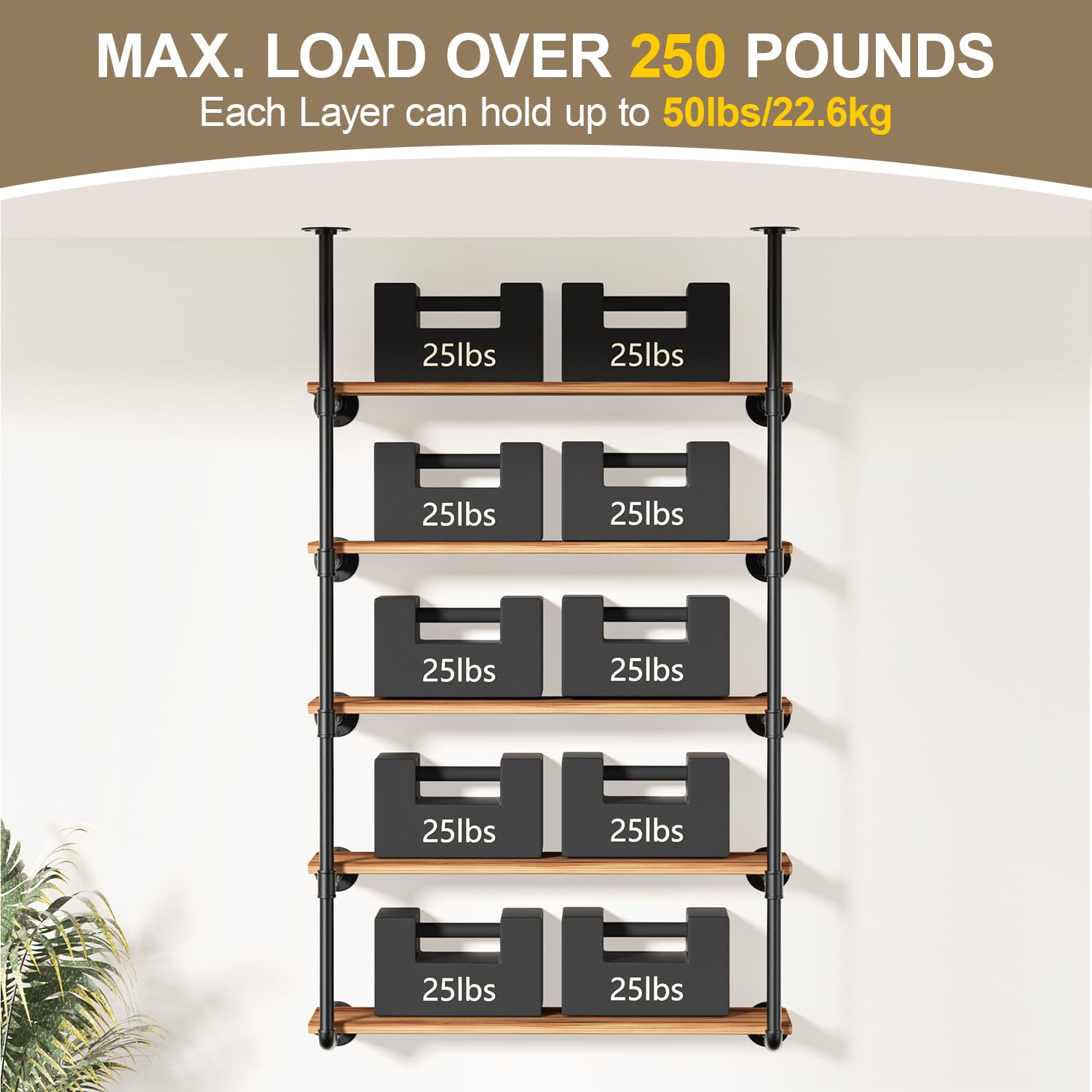 Giffgiss wall-mounted shelving shows 68-inch height and adjustable layout options