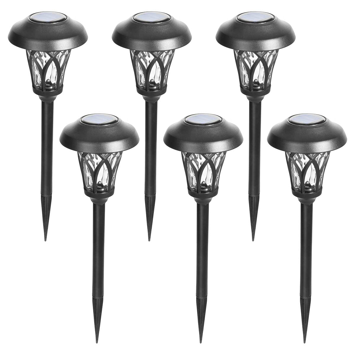 GIGALUMI 6-pack solar pathway lights illuminate outdoor paths with a warm white glow.