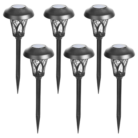 GIGALUMI 6-pack solar pathway lights illuminate outdoor paths with a warm white glow.