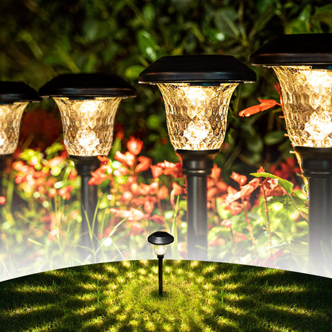 GIGALUMI 8-pack solar pathway lights illuminate with warm white glow for walkways.