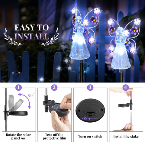 GIGALUMI solar-powered decor angels turn on automatically at dusk.