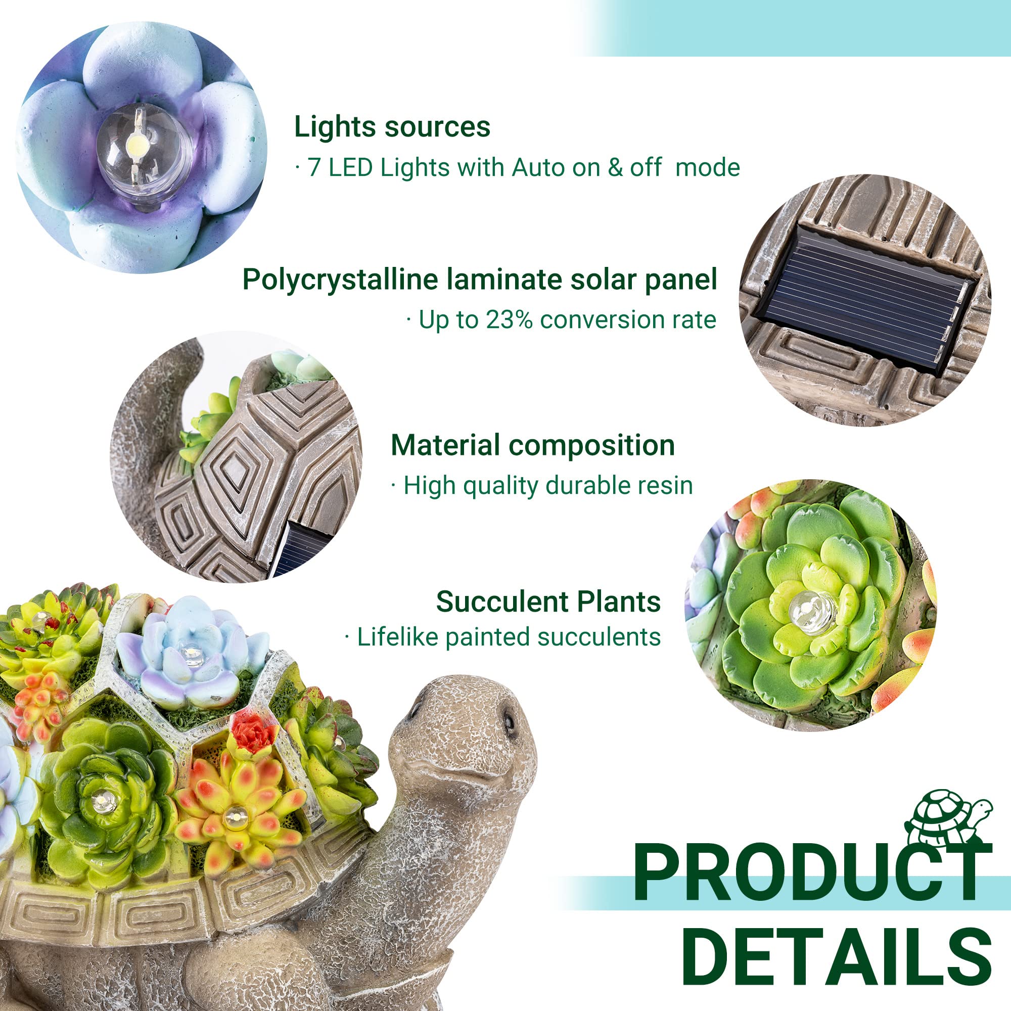 GIGALUMI hand-painted turtle statue emphasizes craftsmanship and colorful garden charm.
