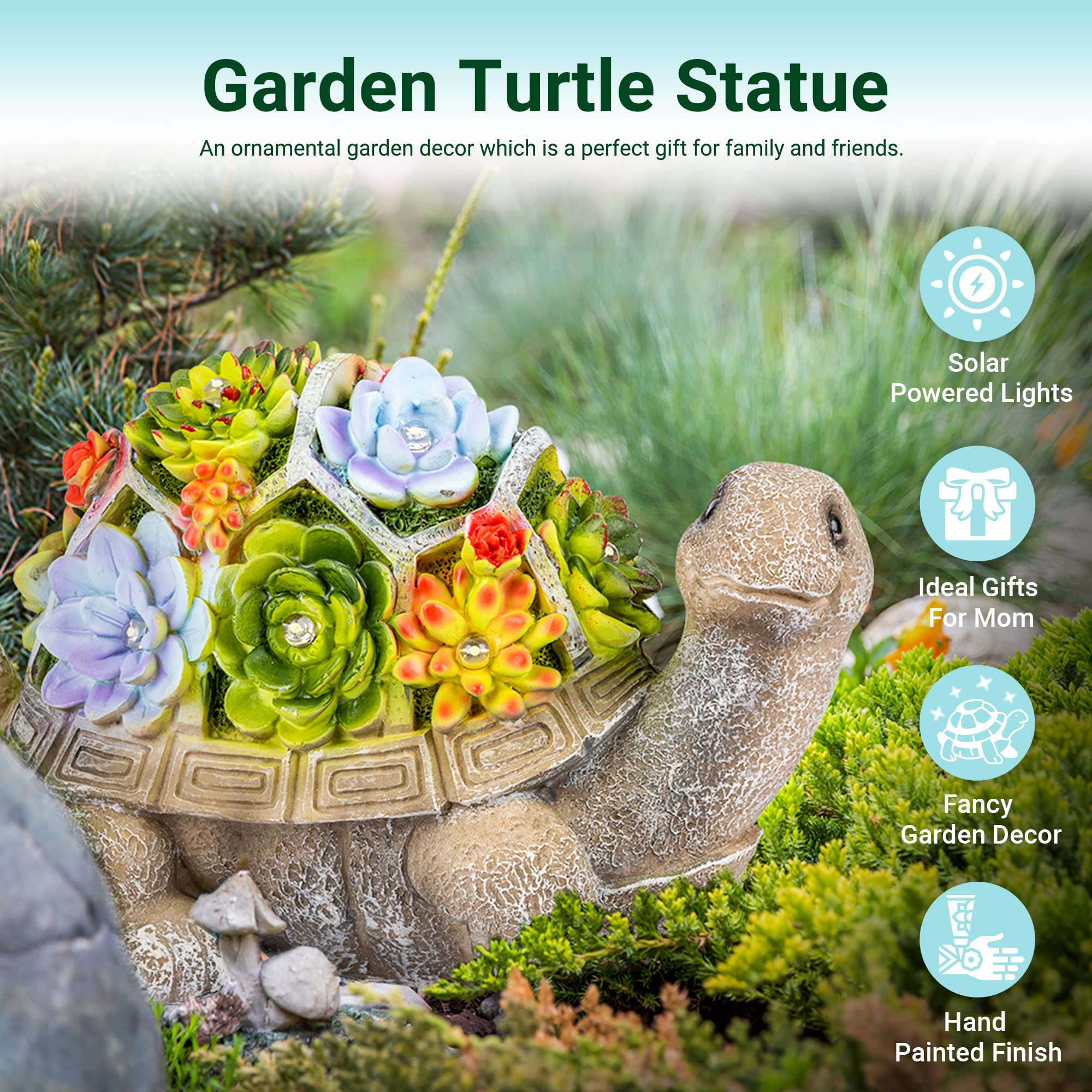 GIGALUMI IP44 waterproof turtle statue withstands outdoor conditions for year-round charm.
