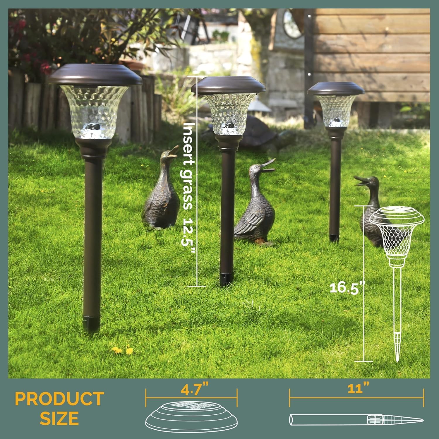 GIGALUMI solar-powered pathway lights charge by day and glow at night along walkways.