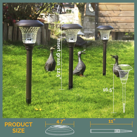 GIGALUMI solar-powered pathway lights charge by day and glow at night along walkways.