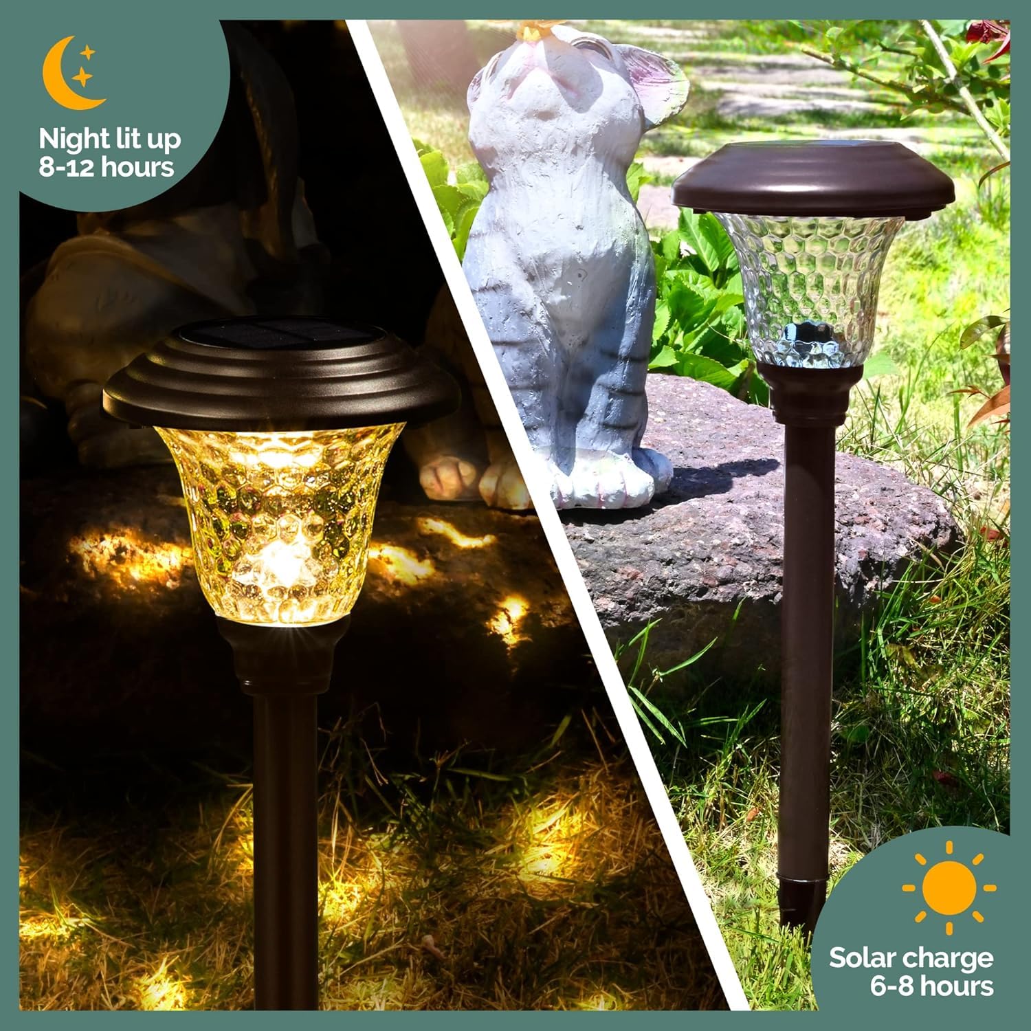 GIGALUMI stainless-steel glass lamps create sunflower-pattern projections along yard edges.
