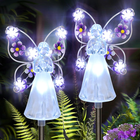 GIGALUMI solar angel garden stake lights illuminate paths with energy-efficient, maintenance-free glow.